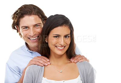 Buy stock photo Portrait, love and couple hug in studio, smile and relax while bonding on white background. Interracial, marriage and face of man with woman for valentines day, embrace or enjoy relationship isolated