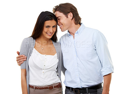 Buy stock photo Valentines day, love and couple together on a date hugging in happiness and happy isolated in a studio white background. Portrait, lovers and man kissing woman for romance in a relationship