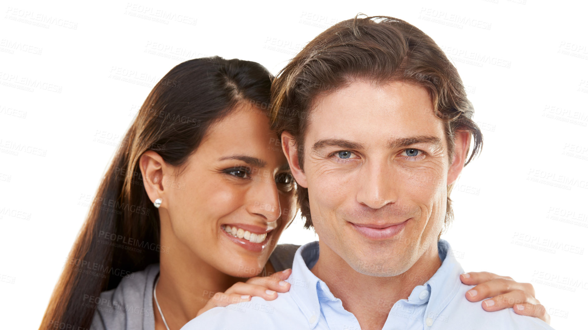 Buy stock photo Valentines day, love and couple on a date hugging in happiness and happy isolated in a studio white background. Portrait, lovers and man with woman for romance in a relationship together