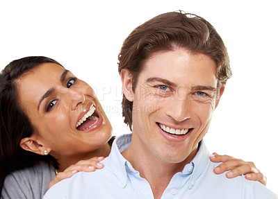 Buy stock photo Portrait, face and couple happy and smiling together with love, care and happiness isolated in studio white background. People, man and woman relax and enjoying quality time feeling excited