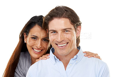 Buy stock photo Love, hug and portrait of a couple in a studio for valentines day, romance or anniversary. Happy, smile and young interracial man and woman embracing with happiness isolated by a white background.