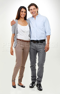 Buy stock photo Couple, woman and man portrait in a studio isolated with a happy smile and hug together. Calm, happiness and love of a male and female model with white background and romance for valentines day