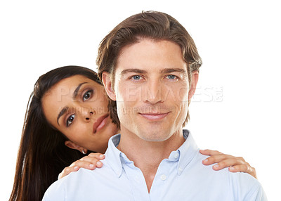 Buy stock photo Happiness, love and portrait of couple together on a date hugging on valentines day isolated in a studio white background. People, lovers and man with woman for romance in a relationship
