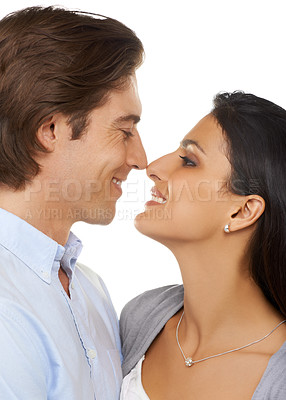 Buy stock photo Couple, hug and smile for valentines day embrace, love or date in affection isolated against white studio background. Happy man and woman smiling in relationship for special month of intimate romance