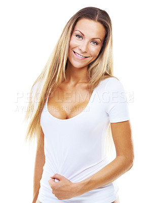 Buy stock photo Portrait, smile and woman in tshirt for fashion in studio isolated on a white background. Face, happy model and girl in clothes for cleavage, sexy style and confidence in body for beauty on backdrop