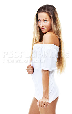 Buy stock photo Portrait, happy and woman in tshirt for fashion in studio isolated on a white background. Confident model, smile of person and girl in clothes for trendy style or body health or sexy on mockup