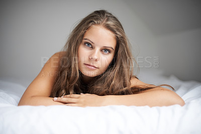 Buy stock photo House, woman portrait and bed with sleeping, rest and relax in a bedroom with face and calm. Dreaming, female person and confidence with nap at home on a blanket and sheets lying down with thinking
