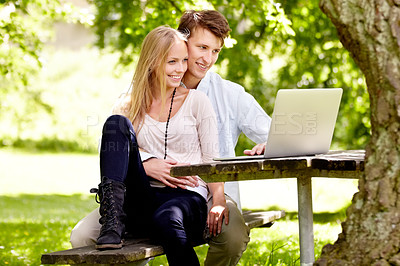 Buy stock photo Park, laptop or relax couple smile, reading or watch online movie, social network post or video in natural nature garden. Bench chair, computer or spring wellness man, woman or people streaming media