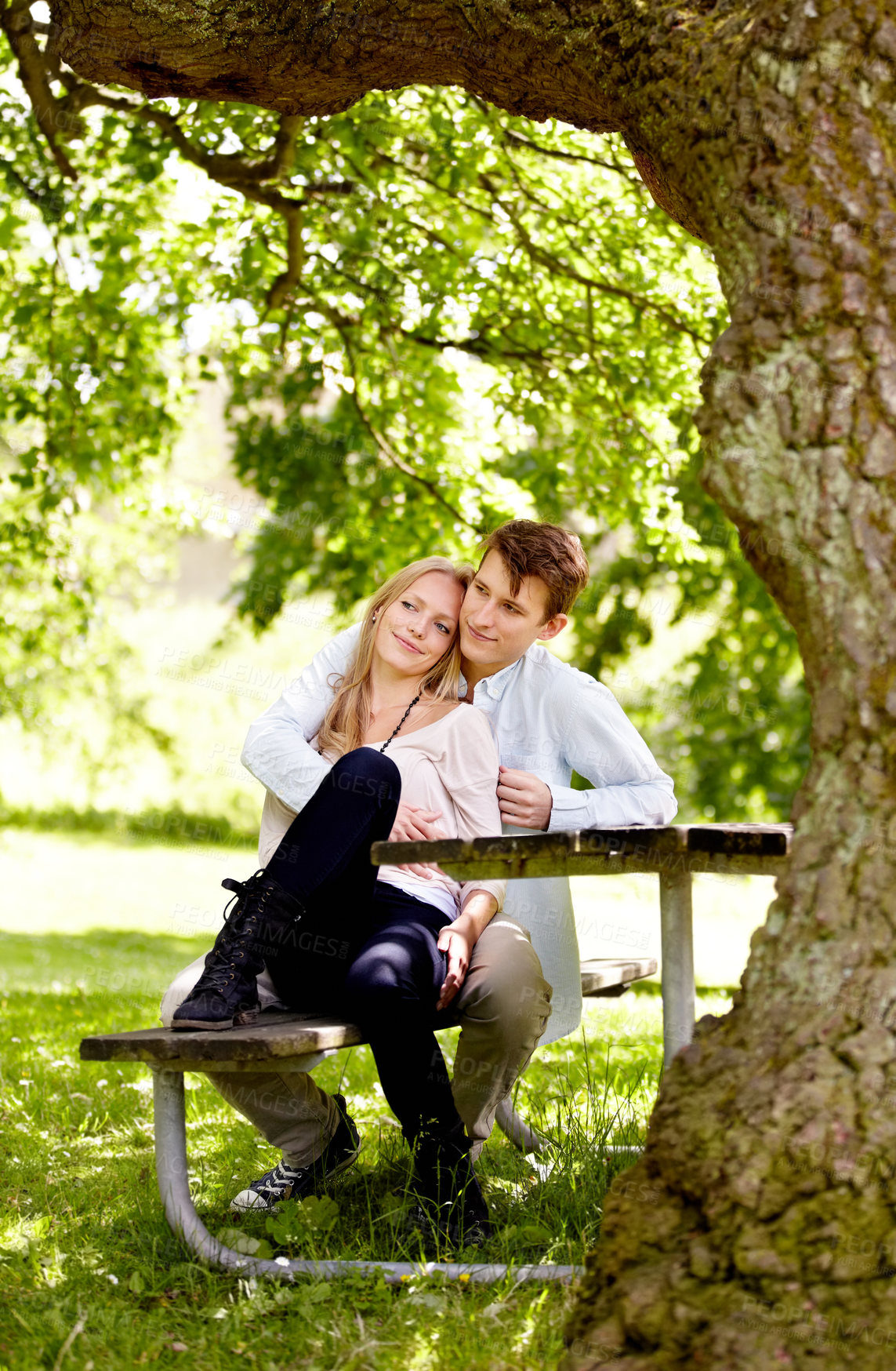 Buy stock photo Park, bench or happy couple hug, love and bonding in outdoor nature, green garden or romantic date. Summer sunshine, tree shade or relax boyfriend, girlfriend or partner embrace for relationship care
