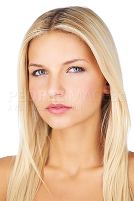 Buy stock photo Serious looking young woman with perfect skin