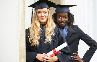 Buy stock photo Graduation cap, students and friends for university achievement, success and celebration of diploma or certificate. Portrait of women in diversity for lawyer education, learning award and scholarship