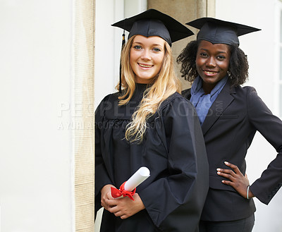 Buy stock photo Graduation cap, students and friends for college achievement, university success and happy diploma or certificate. Portrait of women in diversity for lawyer education, learning award and scholarship
