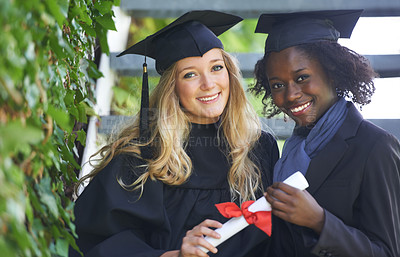 Buy stock photo Graduation cap, students and women for university achievement, success and celebration of diploma or certificate. Portrait of friends in diversity for lawyer education, learning award and scholarship