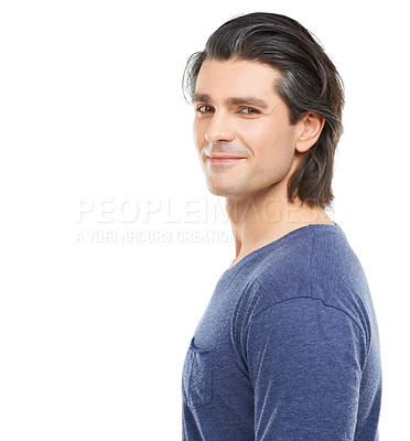 Buy stock photo Studio, fashion and portrait of mature man with confidence, pride and happy on white background. Smile, handsome and face of isolated person in casual clothes for style, health and positive attitude