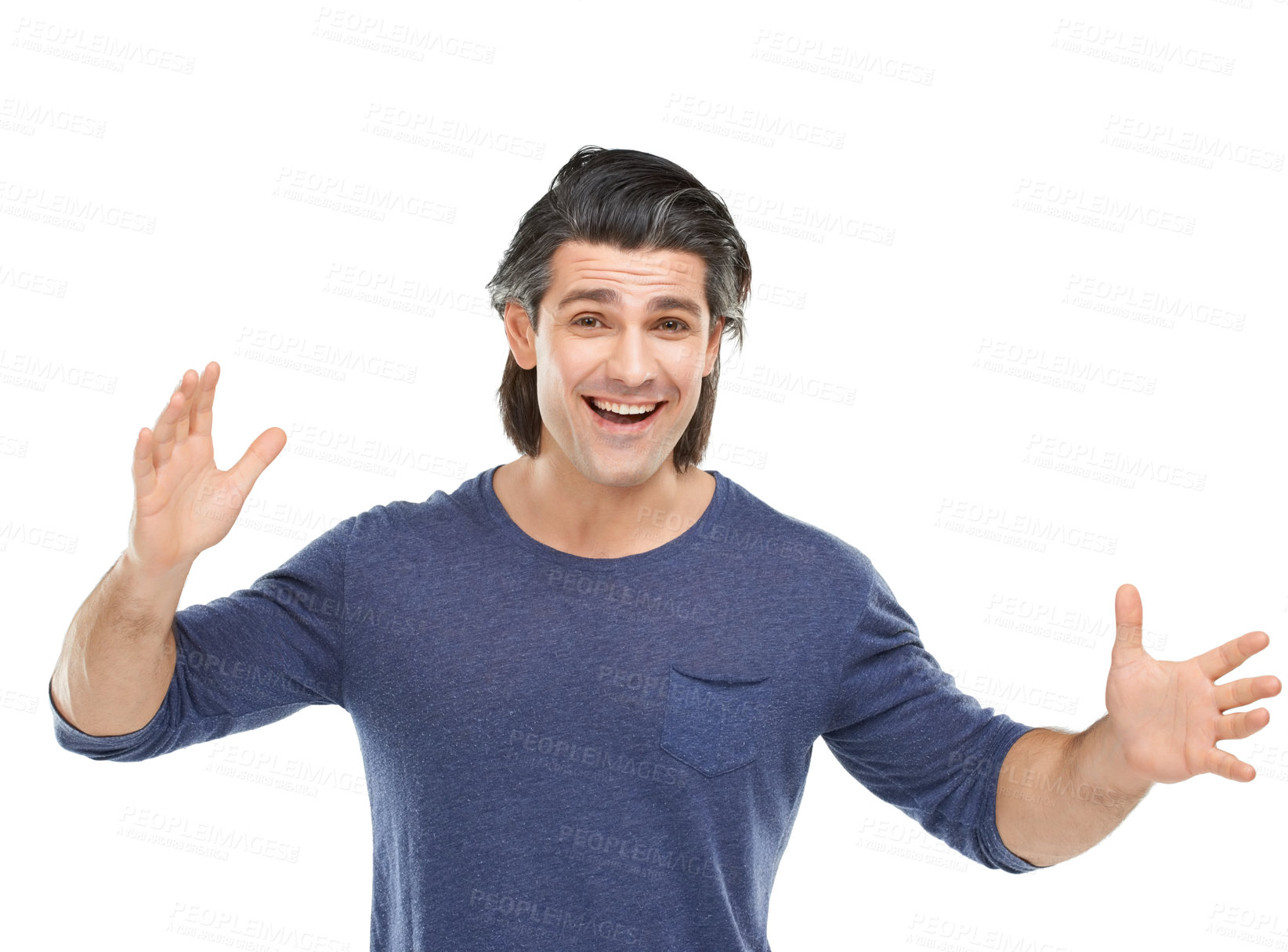 Buy stock photo Studio portrait of a handsome man looking surprised against a white background