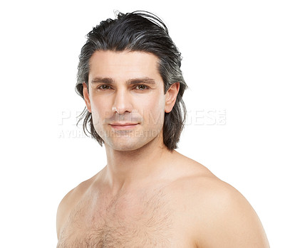 Buy stock photo Skincare. health and portrait of mature man in studio for cosmetics, spa treatment and grooming. Dermatology, beauty and face of isolated person for wellness, facial and self care on white background