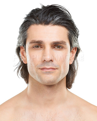 Buy stock photo Studio portrait of a handsome, shirtless man posing against a white background