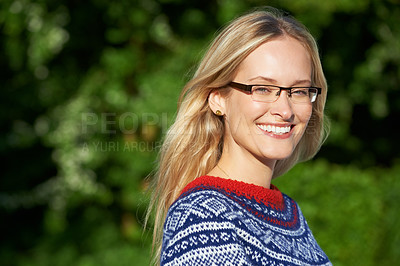 Buy stock photo Park, nature and portrait of happy woman with smile for freedom, fresh air and positive attitude. Outdoors, forest and face of confident person with glasses on holiday, vacation on weekend in garden