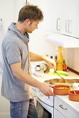 Buy stock photo Man, food and home kitchen with plate, wooden spoon and and profile for nutrition, health and eating. Chef person, cooking and dish with container for diet, wellness and lunch with thinking in house