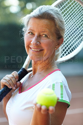 Buy stock photo Portrait, woman and tennis player with ball in hands, racket and sports training, workout or game offer for competition. Happy face of mature person or athlete ready to play or start outdoor practice