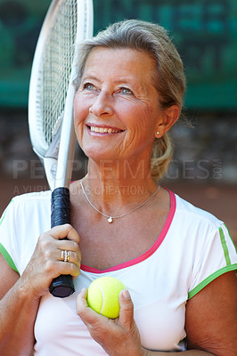 Buy stock photo Woman thinking, tennis player and sports with training goals, workout ideas or game competition, exercise and fitness. Happy mature person or athlete with inspiration, ball and racket for practice