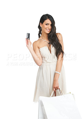 Buy stock photo Portrait, smile and woman with shopping bag, credit card or fashion in dress isolated on a white background mockup. Customer with plastic money, gift payment and sales discount, bank deal and finance