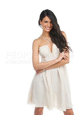 Buy stock photo Portrait, fashion and happy woman with arms crossed in dress in studio isolated on a white background mockup. Smile, confident model and person in formal clothes, elegant or style for party in Brazil