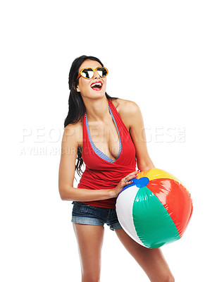 Buy stock photo Happy, woman and beachball on vacation, holiday or travel in studio isolated on a white background mockup space. Person in makeup, sunglasses and excited, playing with ball and cool fashion clothes