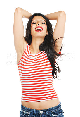 Buy stock photo Woman, portrait and laughing in studio for fun, humor and comedy with makeup and fashion on white background. Person, face and happiness with comic expression, carefree and freedom for joke or news