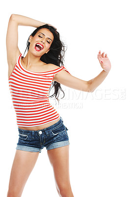 Buy stock photo Studio shot of an attractive young woman having fun against a white background