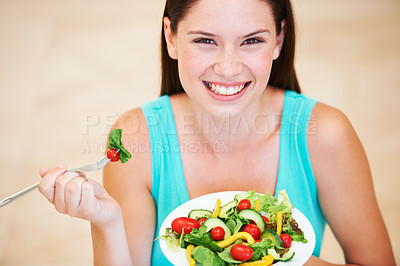 Buy stock photo Woman, portrait and eating a healthy salad with vegetables, nutrition and health benefits. Face of a happy female person on a nutritionist diet with vegan food for weight loss, wellness or detox