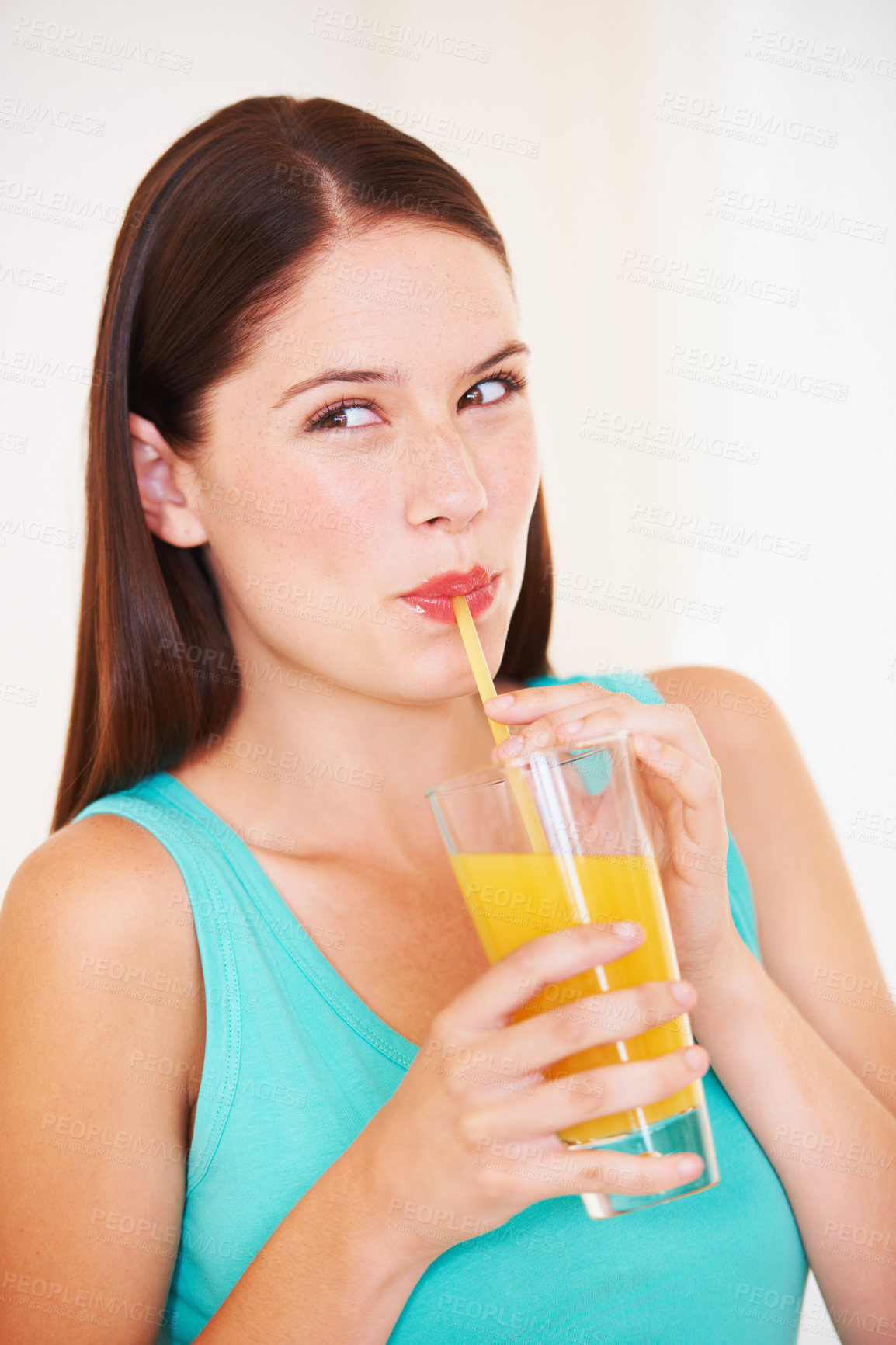 Buy stock photo Happy, drink and face of woman with juice for nutrition, wellness and hydration in studio. Excited, smile and person with fruit blend or beverage for vitamins, detox and diet on white background