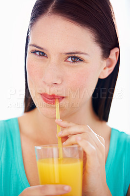 Buy stock photo Health, drink and portrait of woman with juice for nutrition, wellness and hydration in studio. Happy, thirsty and face of person with fruit blend for vitamins, detox and diet on white background