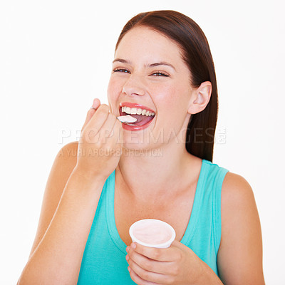 Buy stock photo Eating, yogurt and portrait of woman with healthy food, diet or nutrition in studio with happiness. Happy, face and girl with spoon, yoghurt or strawberry flavor of dairy, product or breakfast snack