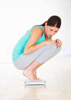 Buy stock photo Scale, check and woman lose weight with surprise, diet and measuring body, mass and health. Weighing, scales and person shocked, upset and frustrated with numbers, reading and unhappy dieting