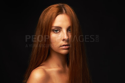 Buy stock photo Hair care, portrait or model with beauty, skincare or results for glow, shine or collagen in studio. Black background, face or serious woman with cosmetics for treatment, healthy texture or growth