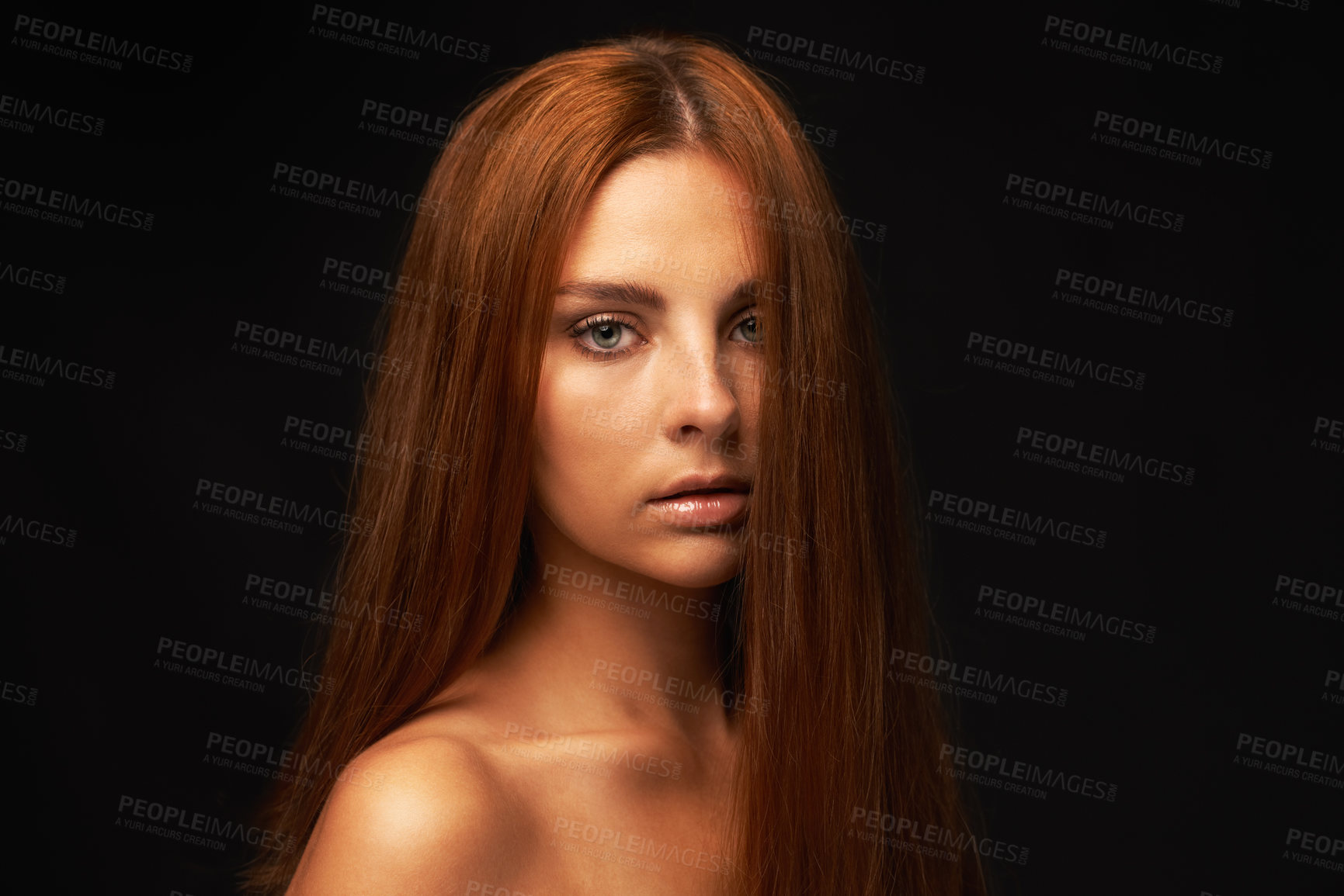 Buy stock photo Hair care, portrait or model with beauty, skincare or results for glow, shine or collagen in studio. Black background, face or serious woman with cosmetics for treatment, healthy texture or growth