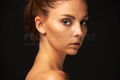 Buy stock photo Skincare, portrait or model with beauty, makeup or results for glow, shine or space in studio. Black background, girl or serious woman with cosmetics for mockup, wellness or foundation on smooth face