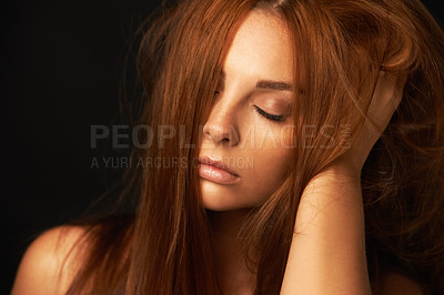 Buy stock photo Hair care, relax or woman with beauty, natural skincare or results for glow, shine or collagen in studio. Black background, face or calm model with cosmetics for treatment, healthy texture or growth