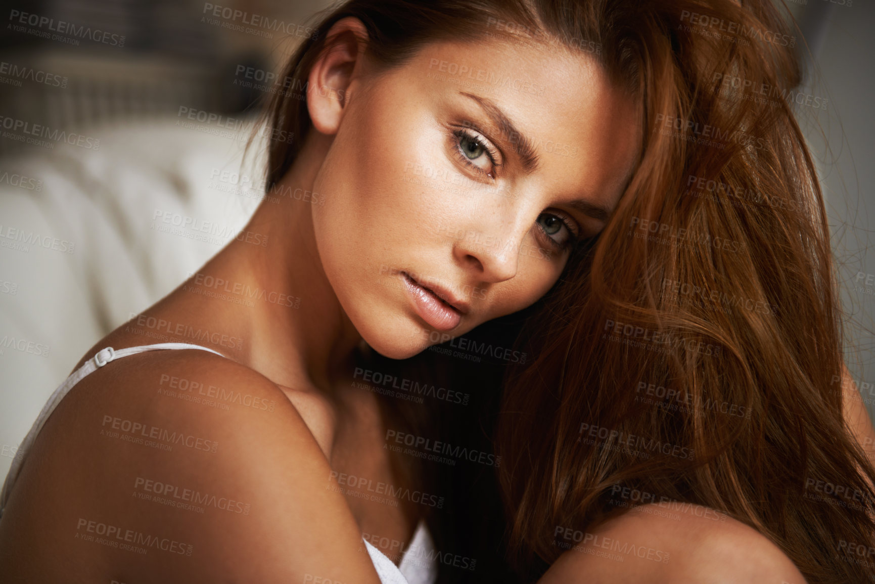 Buy stock photo Hair care, portrait or model in bedroom with beauty, skincare or results for glow, shine or collagen. Wellness, face or elegant woman with confidence, healthy texture or growth in home in the morning