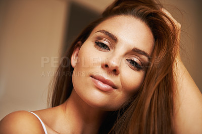 Buy stock photo Happy woman, portrait and face with hair in beauty, makeup or cosmetics at spa or salon. Closeup of attractive young female person, ginger or model smile for hairstyle, skincare or facial treatment