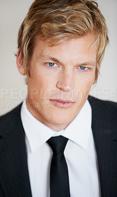 Buy stock photo Man, portrait and suit confident or white background in studio for company manager, business clothes or formal. Male person, model or closeup face for cool corporate fashion, trend or employee pride