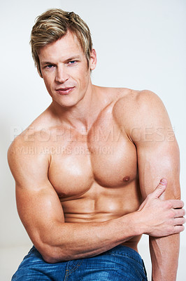 Buy stock photo Man, portrait and muscle on studio background or serious confidence, bodybuilder or chest. Male person, model or face for shirtless masculine strength or flexing pose or attractive, strong in Norway