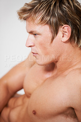 Buy stock photo Man, topless and muscle in studio or white background for confident masculine, strong body or bodybuilder pride. Male person, model and shirtless for bicep arms or shoulders, attractive in Norway
