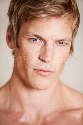 Buy stock photo Man, portrait and shirtless confident or studio white background, strength or pride. Male person, model and face serious for topless strong neck or shoulders bare or attractive, cool muscle in Norway