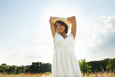 Buy stock photo Portrait, field and freedom with woman, summer and happiness with weekend break, wellness and blue sky. Person, outdoor or girl in a dress, countryside and holiday with environment, grass or nature