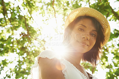 Buy stock photo Portrait, trees or woman in park, countryside or natural environment to relax on summer break. Low angle, wellness or person in garden for peace or fresh air on an outdoor holiday vacation in nature