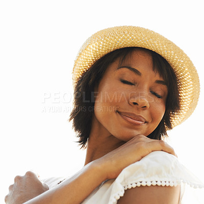 Buy stock photo Outdoor sky, freedom or zen woman with smile, peace or wellness on holiday vacation or break. Calm, summer or happy person in nature to breathe in fresh air for happiness, self love or gratitude