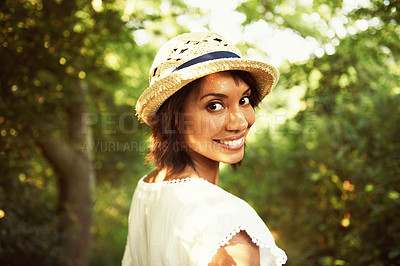 Buy stock photo Portrait, walking or happy woman in park, countryside or natural environment to relax in summer. Nature, wellness or person in garden for peace or fresh air on an outdoor holiday vacation in forest