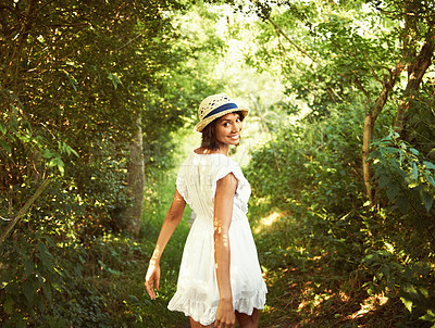 Buy stock photo Portrait, walking or happy woman in park, nature or woods environment to relax in summer. Countryside, wellness or person in garden for peace or fresh air on an outdoor holiday vacation in forest